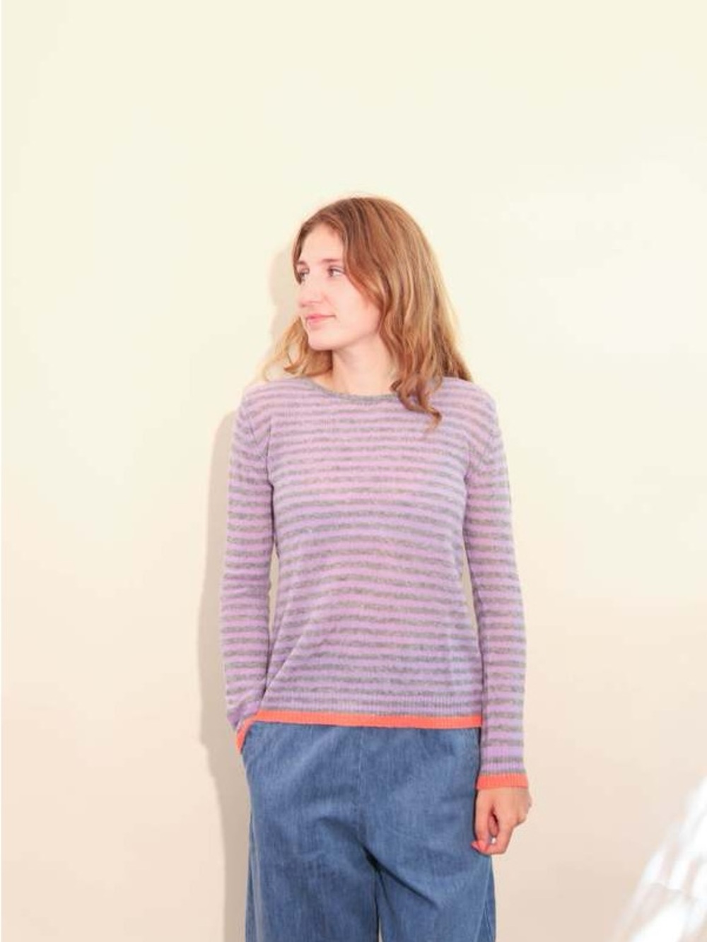 Jumper 1234 Striped Lilac Crewneck Sweater with Coral Trim - 2